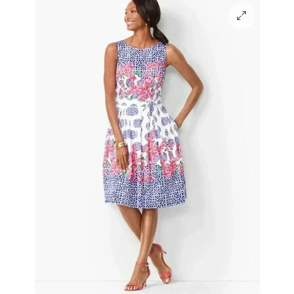 Talbot Mosaic Floral Sateen Fit & Flare Pink Blue Pleated Dress Knee Length Sz 8
